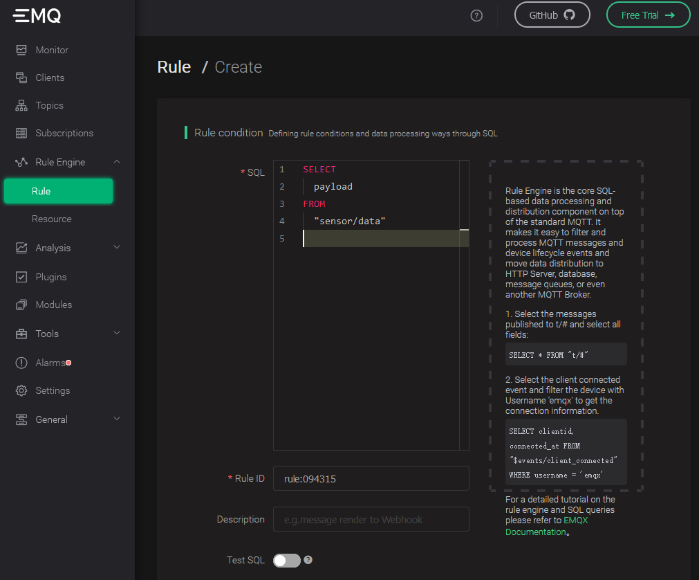 TDengine Database EMQX create rule