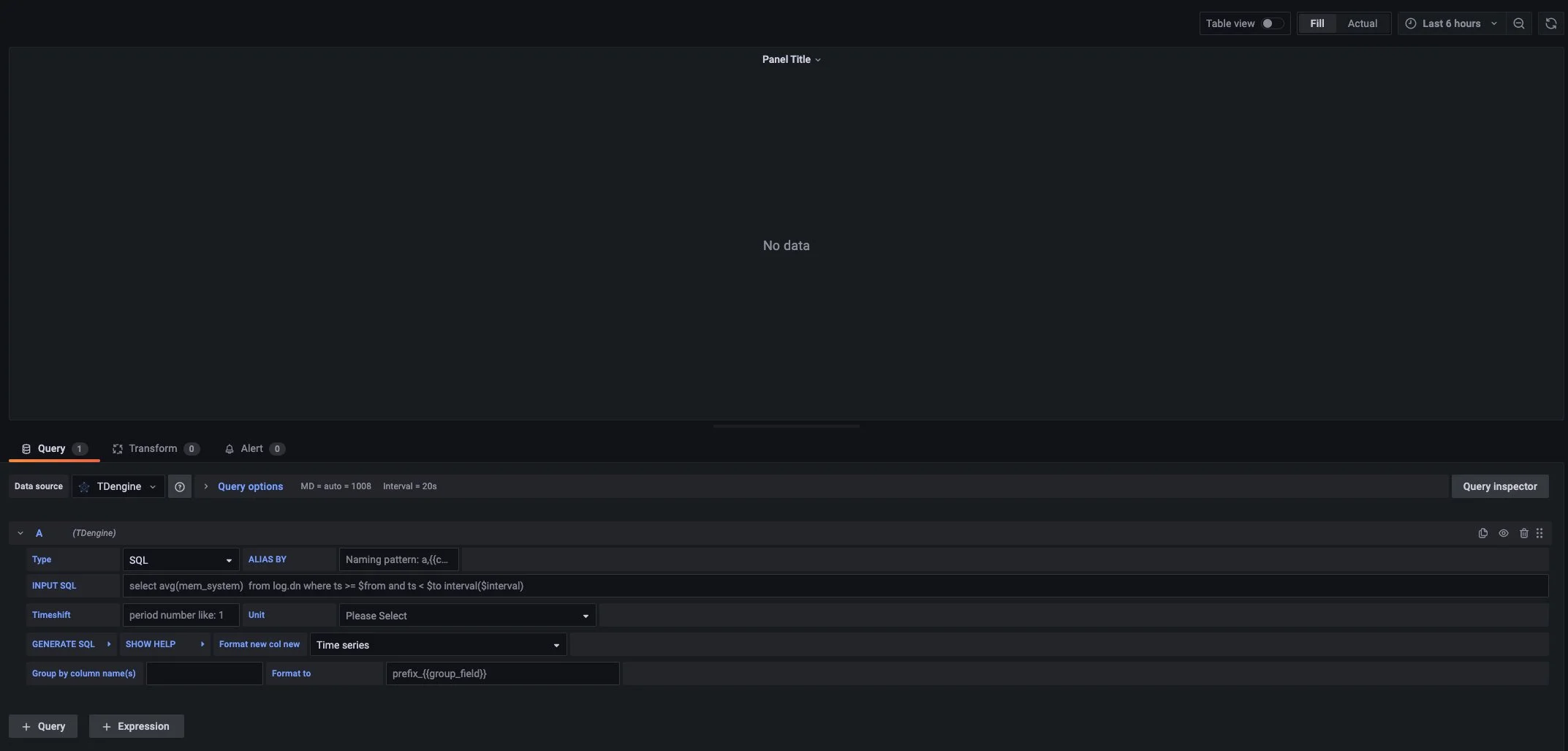 TDengine Database Grafana plugin create dashboard