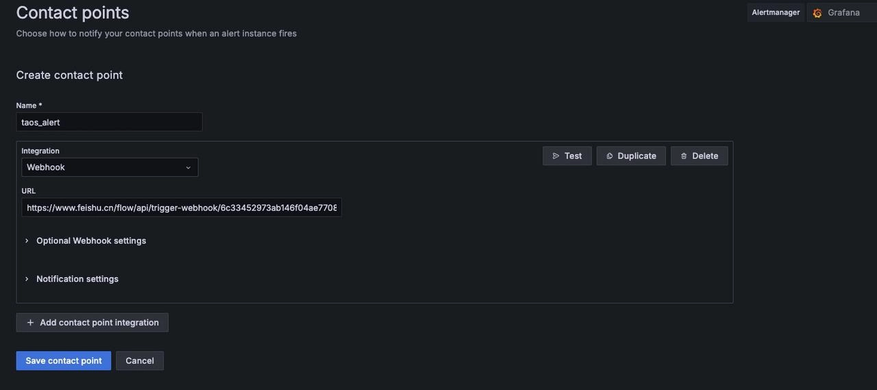 TDengine Database Grafana plugin feishu contact point