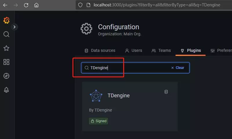 在 Grafana 插件里面搜索 TDengine